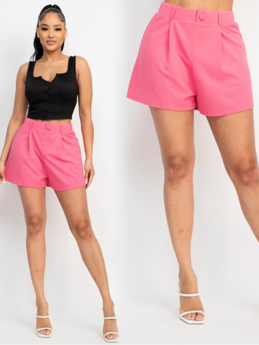 Iris Basic Pink High-Rise Pleated Shorts